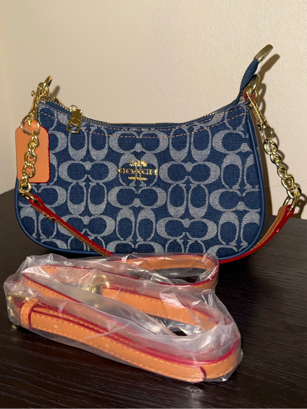 Coach Denim Signature Mini Shoulder Bag in Blue Gold Hardware